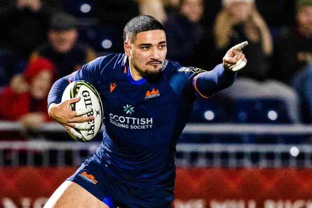 Mosese Tuipulotu celebrates his try in Edinburgh's recent Challenge Cup win over Aviron Bayonnais.