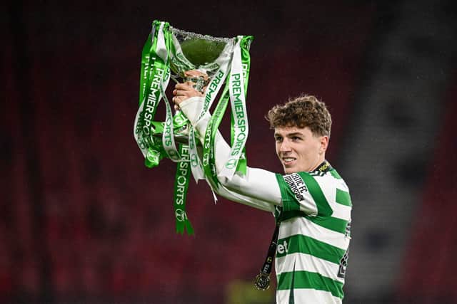 Arne Engels celebrates with the Premier Sports Cup.