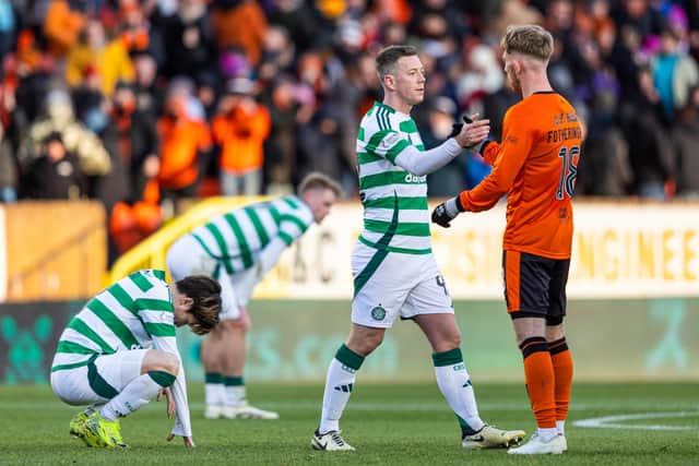 Celtic's Callum McGregor shakes hands with Dundee United's Kai Fotheringham at full time. (Photo by Craig Foy / SNS Group)