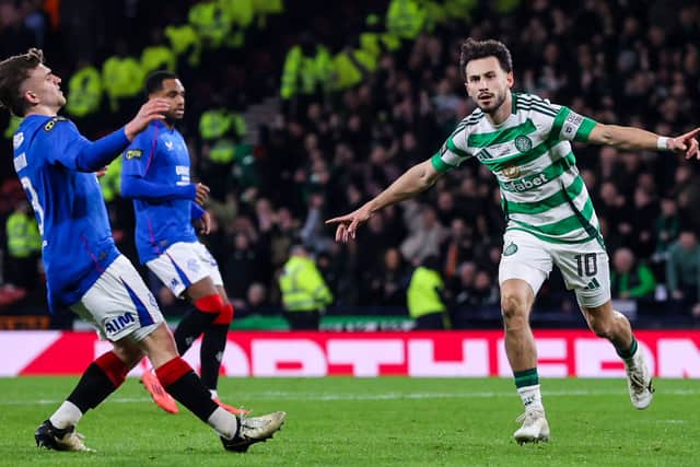 Nicolas Kuhn scores for Celtic against Rangers in the Premier Sports Cup final at Hampden.