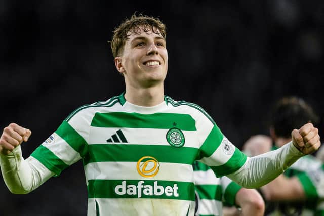 Celtic's Arne Engels celebrates scoring a penalty to make it 1-0 over Motherwell. (Photo by Craig Foy / SNS Group)