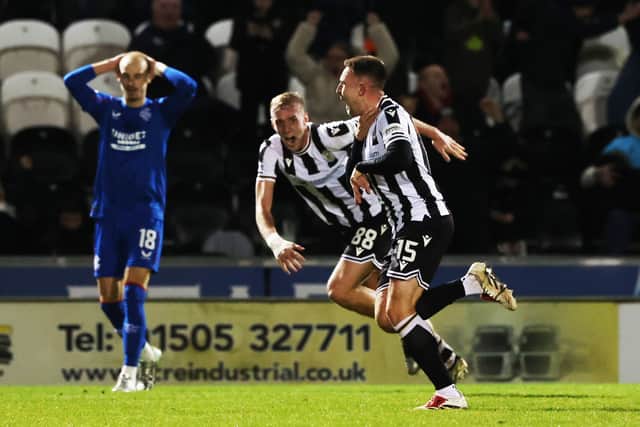 Caolan Boyd-Munce wheels away to celebrate his winning goal for St Mirren against Rangers.