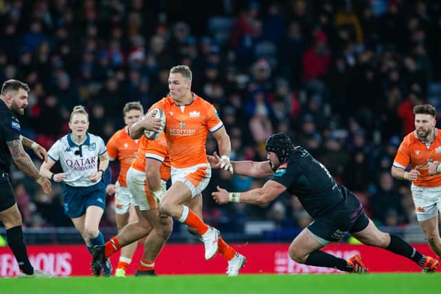 Duhan van der Merwe on the attack for Edinburgh in the 1872 Cup first leg at Hampden Park.
