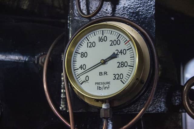 A pressure gauge on a steam locomotive at the Scottish Railway Preservation Society at Bo'ness