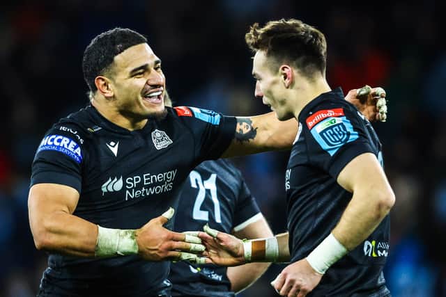 Glasgow's Sione Tuipulotu and Jamie Dobie celebrate during the win over Edinburgh at Hampden Park. Dobie will start the second leg at Murrayfield.