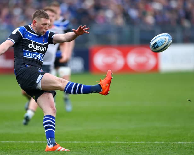 Finn Russell of Bath kicks during the record Gallagher Premiership rout of Saracens on Saturday. (Photo by Dan Istitene/Getty Images)