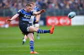 Finn Russell of Bath kicks during the record Gallagher Premiership rout of Saracens on Saturday. (Photo by Dan Istitene/Getty Images)