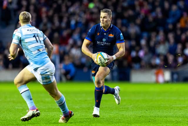 Duhan van der Merwe on the attack against Glasgow. The Edinburgh winger later went off with a head injury.