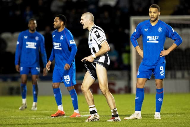 St Mirren's Alex Gogic celebrates the Boxing Day win over Rangers as Cyriel Dessers looks on. (Photo by Alan Harvey / SNS Group)