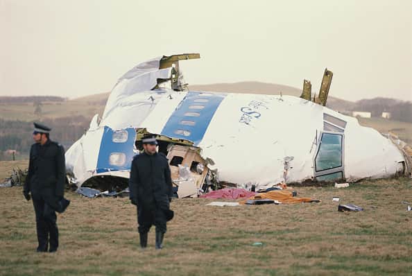 December 1988: Some of the wreckage of Pan Am Flight 103 after it crashed onto the town of Lockerbie in Scotland, on December 21, 1988.  (Photo by Bryn Colton/Getty Images)