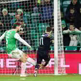 Kilmarnock's Danny Armstrong was sent off for a second booking after this challenge on Hibs' Jack Iredale.