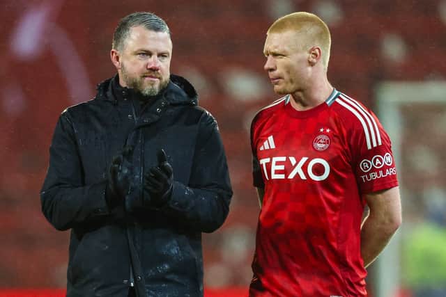 Aberdeen manager Jimmy Thelin with his summer signing Sivert Heltne Nilsen. (Photo by Ross MacDonald / SNS Group)