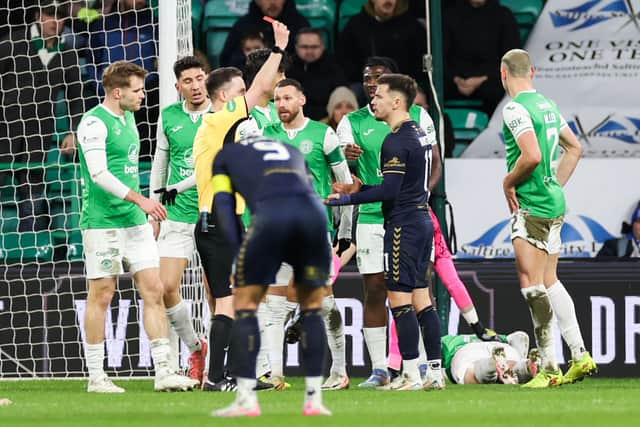 The red card shown to Danny Armstrong in the 1-0 defeat at Hibs on Sunday was Kilmarnock's 12th dismissal of 2024. (Photo by Roddy Scott / SNS Group)