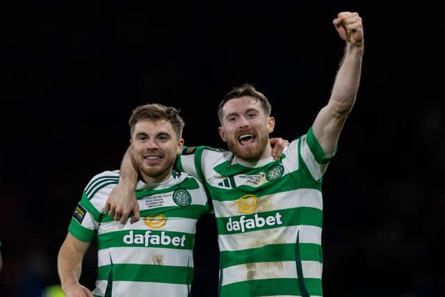 Celtic's James Forrest (L) and Anthony Ralston celebrate the recent Premier Sports Cup final win over Rangers at Hampden. (Photo by Craig Williamson / SNS Group)