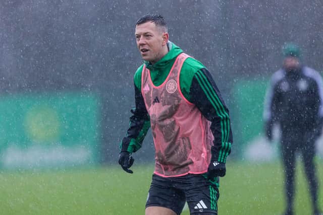Callum McGregor trains at a soggy Lennoxtown ahead of facing Rangers at Ibrox.
