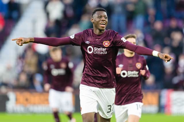 Hearts forward Musa Drammeh celebrates scoring to make it 1-0 over Motherwell at Tynecastle Park.  (Photo by Mark Scates / SNS Group)