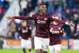 Hearts forward Musa Drammeh celebrates scoring to make it 1-0 over Motherwell at Tynecastle Park.  (Photo by Mark Scates / SNS Group)