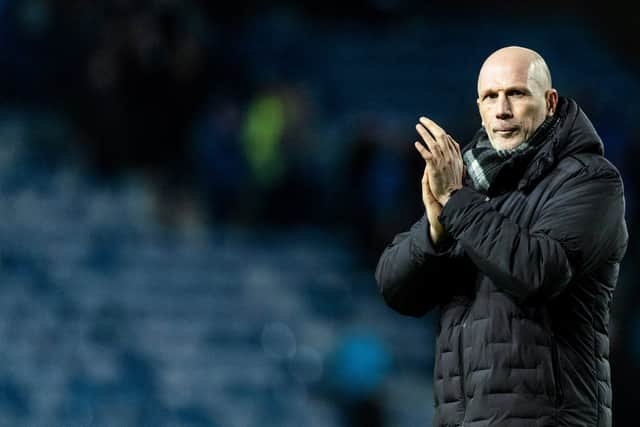 Philippe Clement applauds the Rangers fans at the end.