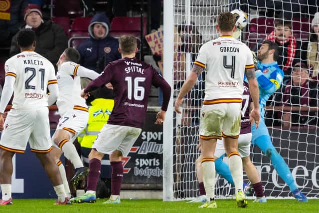 Craig Gordon makes a stunning stoppage time save from Motherwell's Jack Vale's to preserve Hearts' victory.  (Photo by Mark Scates / SNS Group)
