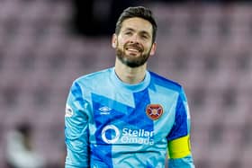 Hearts goalkeeper Craig Gordon smiles at full time after the 1-0 win over Motherwell at Tynecastle.  (Photo by Mark Scates / SNS Group)
