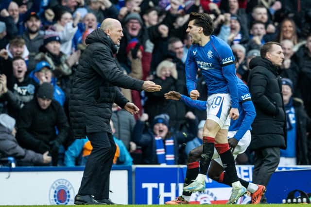 Rangers' Ianis Hagi celebrates with ex-Rangers Philippe Clement as he scores to make it 1-0 against Celtic in January. Cr: SNS Group.