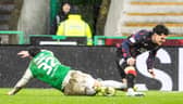 Hibs are awarded a penalty after Josh Campbell is fouled in the box by Rangers forward Ianis Hagi. (Photo by Alan Harvey / SNS Group)