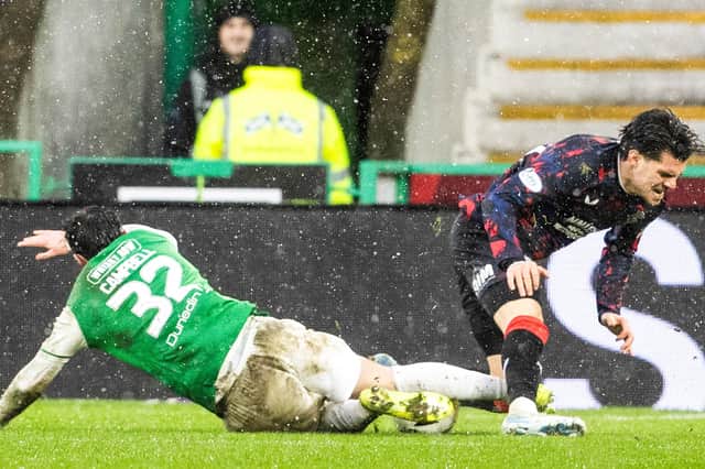 Hibs are awarded a penalty after Josh Campbell is fouled in the box by Rangers forward Ianis Hagi. (Photo by Alan Harvey / SNS Group)