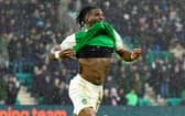 Hibernian's Rocky Bushiri celebrates scoring to make it 3-3 against Rangers at Easter Road. (Photo by Ross Parker / SNS Group)