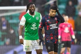 Rangers' hat-trick hero Hamza Igamane (right) and the scoring of Hibs' equaliser Rocky Bushiri during the 3-3 draw at Easter Road. (Photo by Ross Parker / SNS Group)