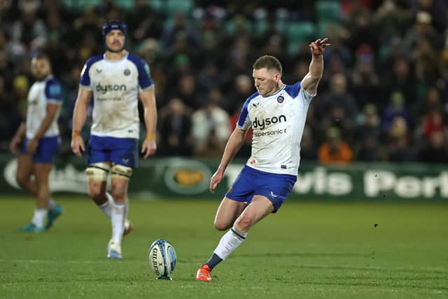 Finn Russell kicks a late second half penalty to put Bath in front but the Scotland fly-half ended up on the losing side against Northampton. (Photo by David Rogers/Getty Images)