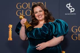 Jessica Gunning poses in the press room with the award for best performance by a female actor in a supporting role on television for "Baby Reindeer"  