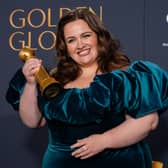 Jessica Gunning poses in the press room with the award for best performance by a female actor in a supporting role on television for "Baby Reindeer"  