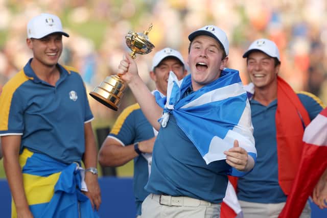 Bob MacIntyre celebrates after helping Europe win the 2023 Ryder Cup in Rome. |