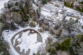 Snow covers The Great Polish Map of Scotland at Barony Castle near Peebles. Picture: Katielee Arrowsmith/SWNS
