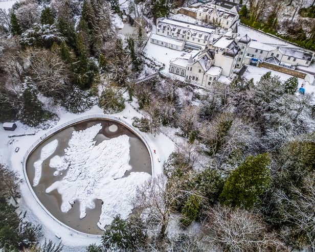 Snow covers The Great Polish Map of Scotland at Barony Castle near Peebles. Picture: Katielee Arrowsmith/SWNS