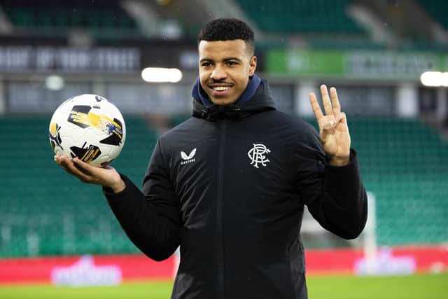 Rangers striker Hamza Igamane with the match ball after scoring a perfect hat-trick in the 3-3 draw with Hibs. (Photo by Ross Parker / SNS Group)
