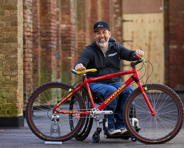 Martyn Ashton with his  Volvo Cannondale trials bike from circa  1997 at the Cycle Show, Alexandra Palace, London, April 2022 