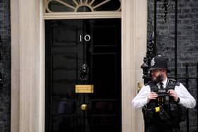 A general view of the front door of No 10 Downing Street in central London