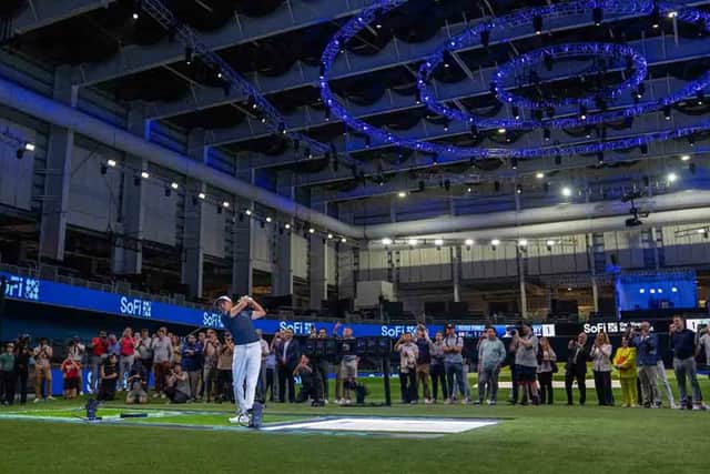Former Genesis Scottish Open champion Rickie Fowler tests out the TGL studio at a recent media day