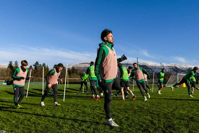 Celtic train at a snowy Lennoxtown ahead of facing Dundee United.