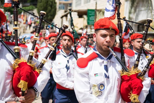 The Palestinian Arab Orthodox Scout pipers of Beit Jala perform at Celtic Connections as part of Bethlehem Calling