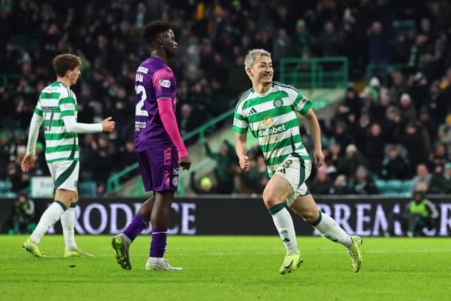 Daizen Maeda celebrates scoring his Celtic’s first goal against Dundee United