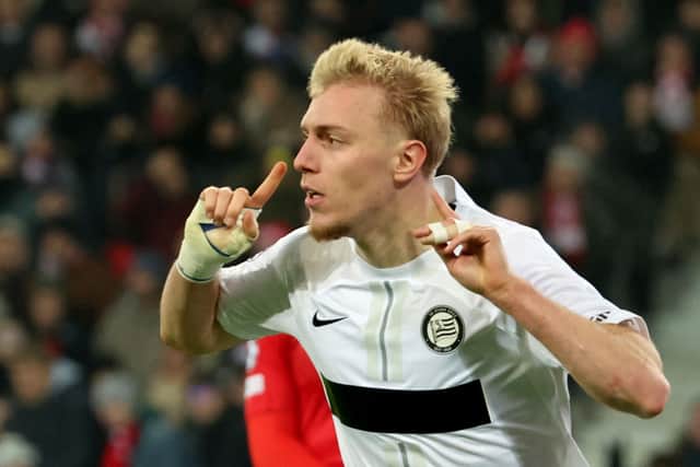 Mika Biereth celebrates his goal for Sturm Graz against Lille in the the UEFA Champions League.