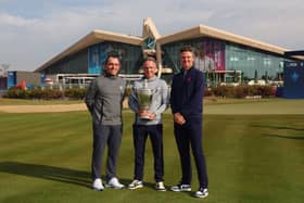 Ryder Cup captain Luke Donald poses with the Team Cup flanked by Francesco Molinari and Justin Rose, the respective Continental Europe and Great Britain & Ireland captains, in this week’s event in Abu Dhabi