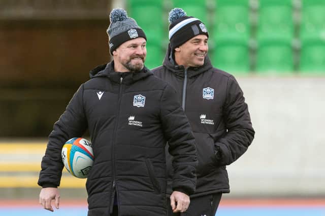 Glasgow Warriors head coach Franco Smith, right, and assistant coach Nigel Carolan during a training session at Scotstoun.