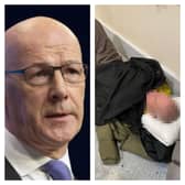 First Minister John Swinney (left) has apologised for the case involving a retired policeman called Robert from Lanarkshire (pictured right), who had to 'lie on the floor in excruciating pain for five-and-a-half hours'
