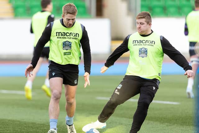 Glasgow Warriors captain Kyle Steyn and hooker Johnny Matthews during a training session at Scotstoun.