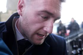 Former Scotland rugby captain Stuart Hogg arrives at Selkirk Sheriff Court for sentencing today