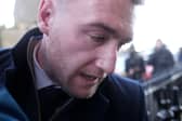 Former Scotland rugby captain Stuart Hogg arrives at Selkirk Sheriff Court for sentencing today