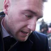 Former Scotland rugby captain Stuart Hogg arrives at Selkirk Sheriff Court for sentencing today